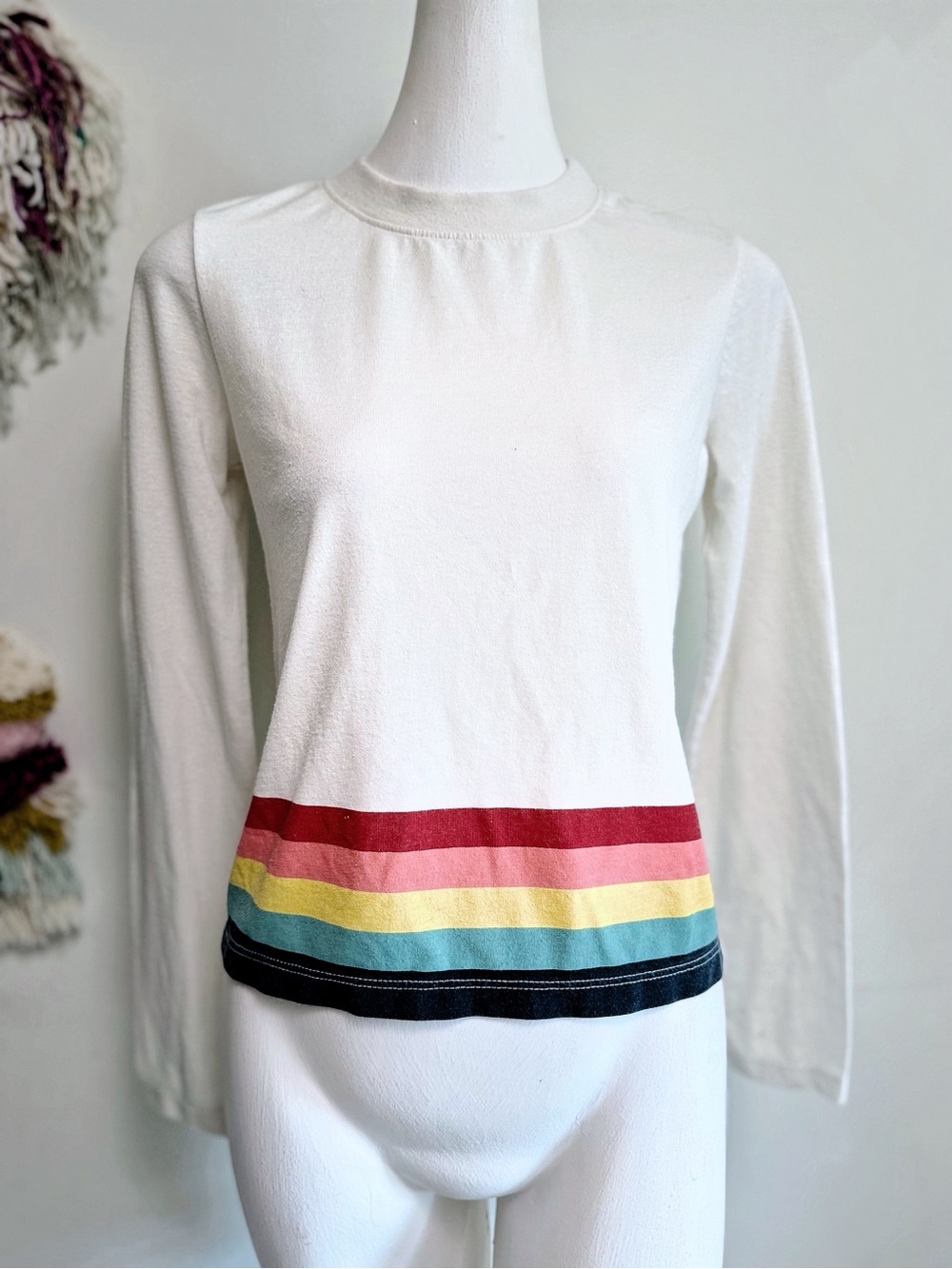 Marine Layer Re-Spun Rainbow Stripe Long Sleeve Tee Ivory Small GUC